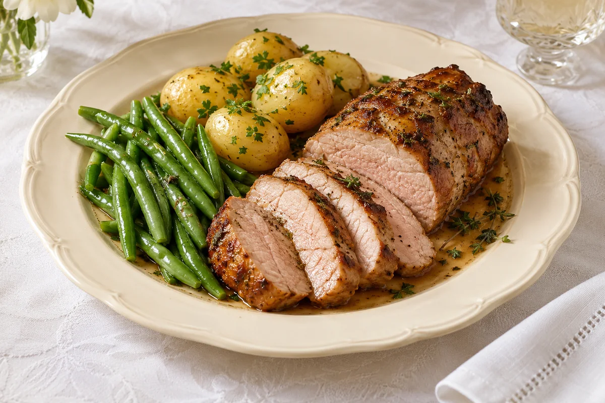 Sliced roast veal with potatoes and green beans