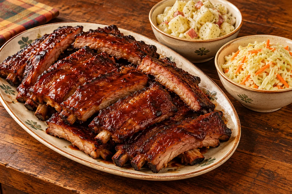 Barbecue ribs with potato salad and cabbage slaw