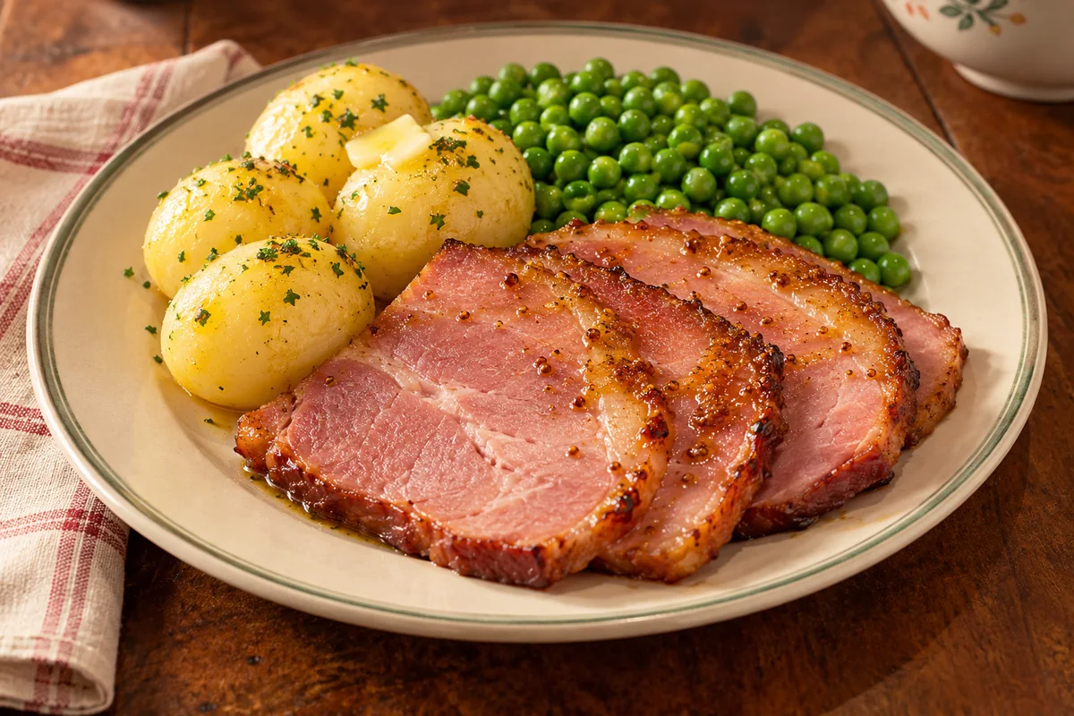 Warm sliced ham with potatoes and peas