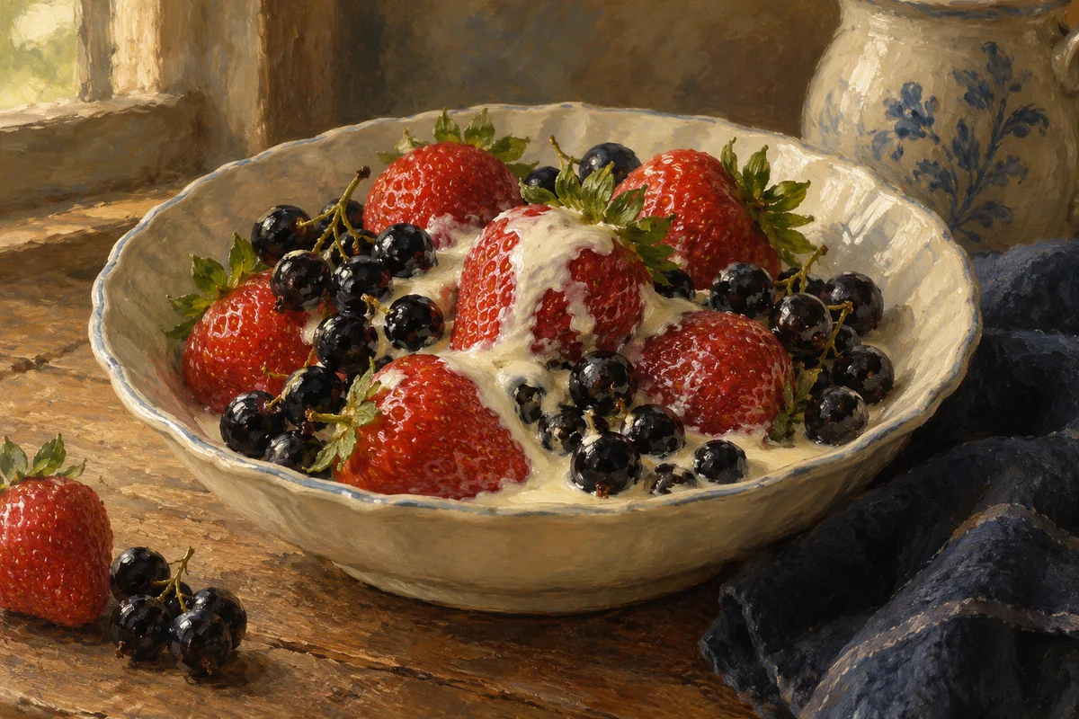 Garden berries with cream — a painted table