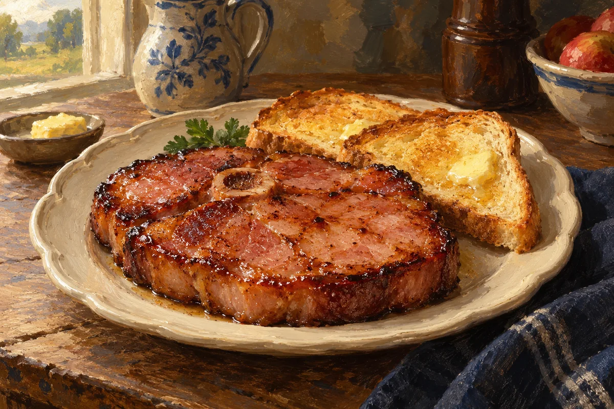 Broiled ham with buttered toast — a painted table