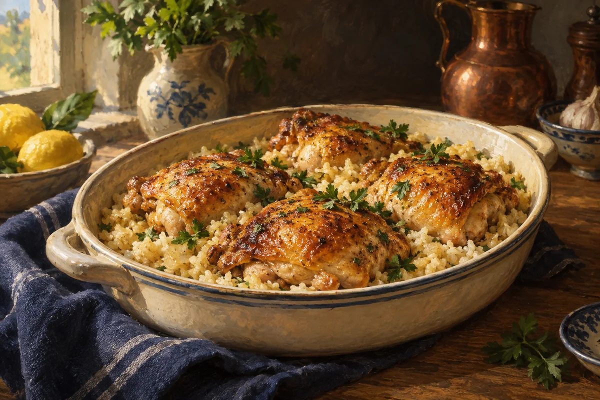 One-pan chicken & rice — a painted table