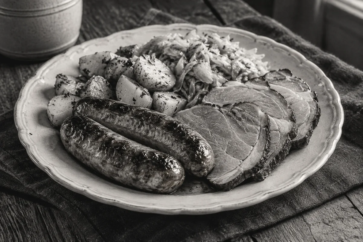 Mentor Farm sausage & vegetable supper — the black-and-white years