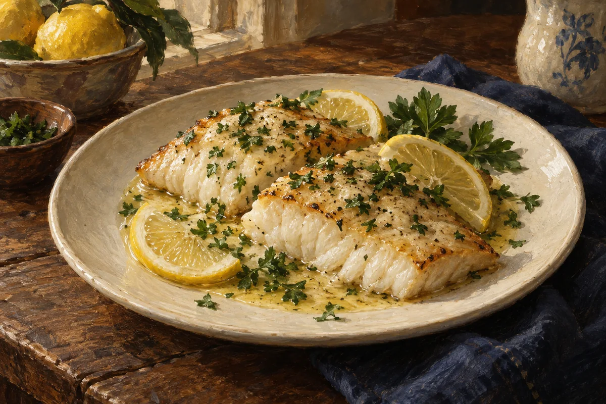 Lemon-butter baked fish — a painted table