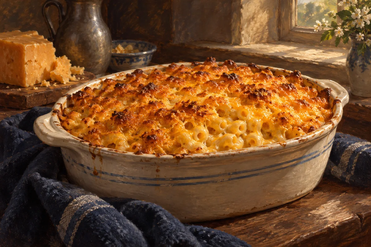 Golden baked macaroni & cheese — a painted table