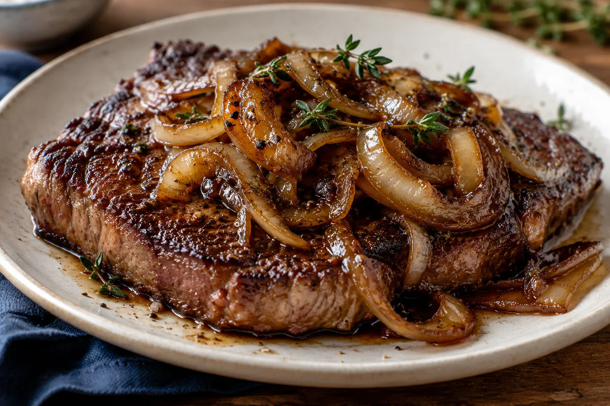 Skillet steak & sweet onions — the modern table