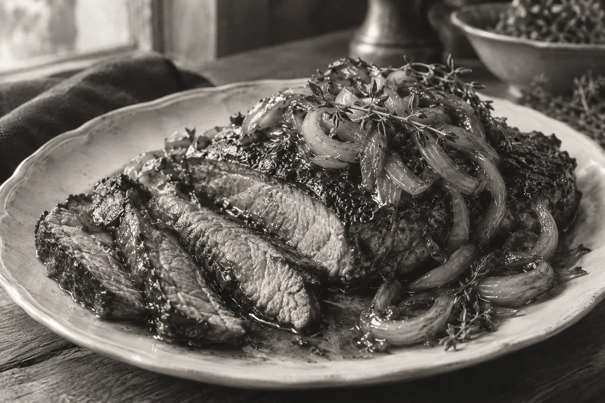 Skillet steak & sweet onions — the black-and-white years