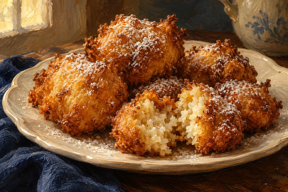 New Orleans rice fritters — a painted table