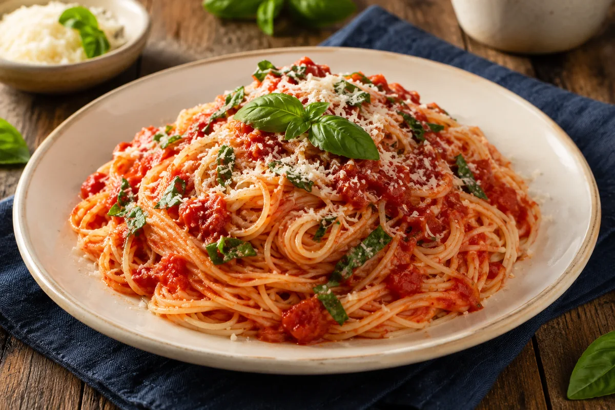 Angel-hair pasta with red sauce — the modern table