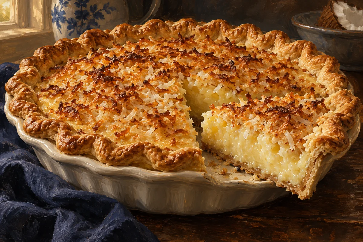 Coconut custard pie — a painted table